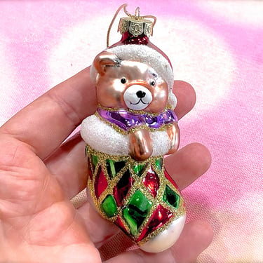 VINTAGE: Glass Christmas Bear Ornament - Present Ornament - Mercury Ornament - Holiday - Xmas 