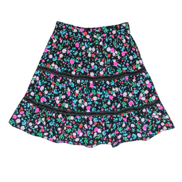 Kate Spade - Black Multi-Colored Floral Silk Tired Mini Skirt w/ Eyelet Trim Sz 00
