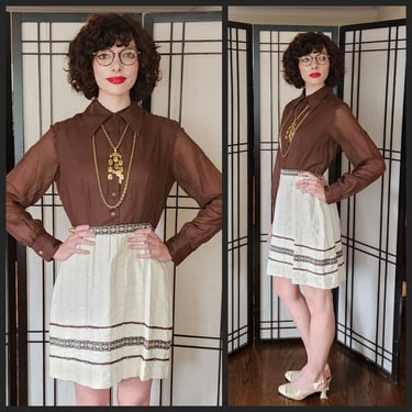 60s 70s Long Sleeved Dress Button Down Front in Brown 