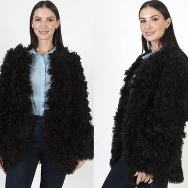 Curly Mongolian Real Fur Jacket, Tibetan Lamb Shaggy Overcoat, Black Sheep Outdoors Coat 