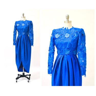 80s 90s Vintage Blue Lace Bridesmaid Prom Dress Size XS Small Long Sleeve Dress// 80s 90s Prom dress Blue Flower Pageant Dress Gown 