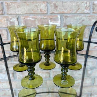 Mid Century Modern Set of Five Colony Richmond Green 6 1/8" Wine Goblets - Handmade Italian Blown Glass 