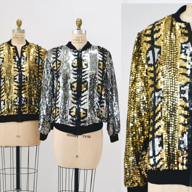 Vintage 80s 90s Gold Sequin Party Bomber Jacket Metallic Jacket Medium large// Vintage 80s 90s Party Metallic Gold Silver Sequin Jacket 