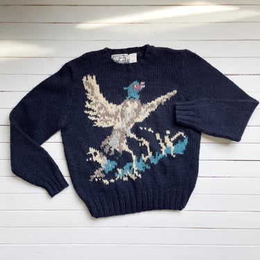 navy wool sweater 90s vintage Woolrich pheasant bird intarsia sweater 