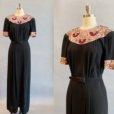 1940s Black Gown / 1940s Sequined Dress / Pink and Black Evening Dress / 1940s Evening Gown  / Size Medium 