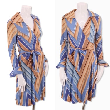 70s HUKAPOO print wrap dress S, 1970s vintage nylon jersey disco dress, print sash tie dress dvf 