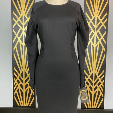 1980s bandage dress, black stretch jersey, vintage 80s dress, bodycon, clubwear, ruched sleeves, notorious, sexy fitted dress, medium 
