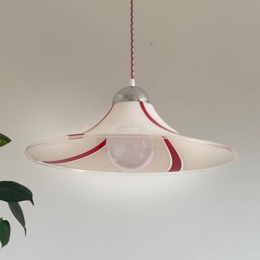 Tulip Trumpet Pendant Light / Vintage White and Red Meblo Hanging Lamp / Mid Century Modern Ceiling Lamp / Kitchen Lamp / 1970s 