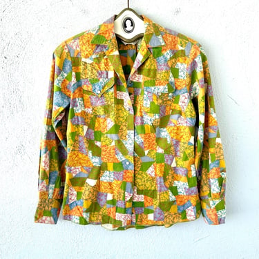 Vintage 70s Patchwork Hippie Shirt 1970s Western Pearl Snap Collared Top 