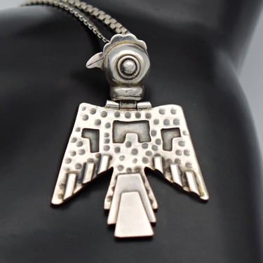 80's 950 silver hinged tribal thunderbird pendant, fine silver eagle 925 sterling snake chain necklace 