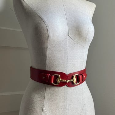 1990s Red Leather and Goldtone Statement Belt by Ginnie Johansen- adjustable 26-32 inch waist 