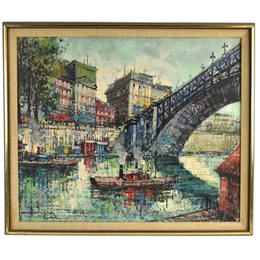 Vintage Midcentury Modern Oil Painting Seine River Barges under Bridge Paris sgd 