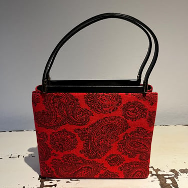 Fashion In Hand - Vintage 1950s Empress Bags Red Wool w/Black Paisley Print Handbag Purse 