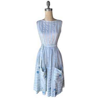 1950s blue and white floral embroidered dress 