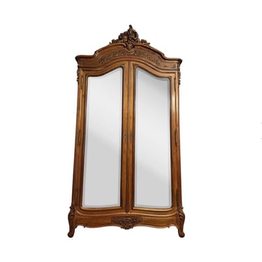 19th Century Antique Walnut French Louis XV Carved Double Door Beveled Mirror Armoire Wardrobe 