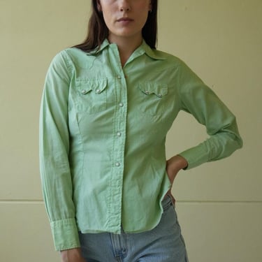 1950's Western Shirt / Mint Green Cotton Pearl Snap Western Wear / Cowboy Stagewear / Country Western Nashville Outfit 