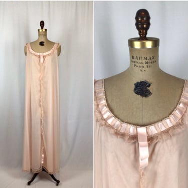 Vintage 50s nightgown | Vintage pale pink chiffon long nightdress | 1960s Odette Barsa full length negligee 