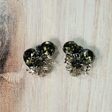 Dark Olive Rhinestone Clip On Earrings, Vintage Jewelry 