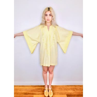 Embroidered Dress // vintage sun embroidered mini angel sleeves yellow floral 70s boho hippie cotton hippy 1970s 70's // O/S 