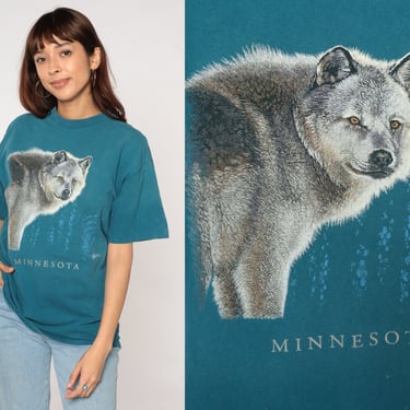 Minnesota Wolf Shirt 90s Timberwolf T-Shirt Animal Wildlife Wolves Graphic Tee Single Stitch TShirt Blue Green Teal Vintage 1990s Mens Large 