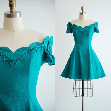 green mini dress 80s vintage Zum Zum brocade off shoulder short mini party dress 