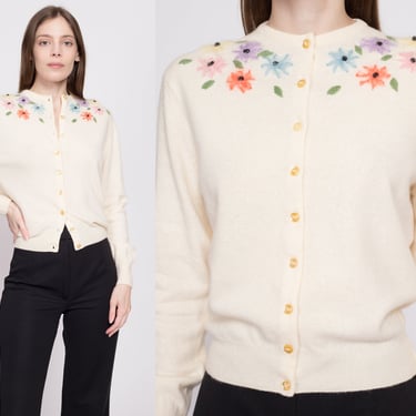 60s Embroidered Floral Cardigan, As Is - Medium | Boho Bobbie Brooks Intarsia Button Up Cream Wool Knit Sweater 
