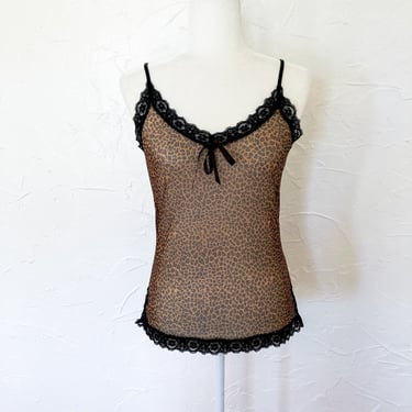 80s/90s Sheer Mesh Leopard Print and Black Lace Lingerie Camisole Top | Large 