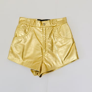 80s Vintage Gold Leather Shorts Hot Pants Leather Short Shorts XXS XS Small Metallic Gold Leather shorts// Vintage Leather Shorts 