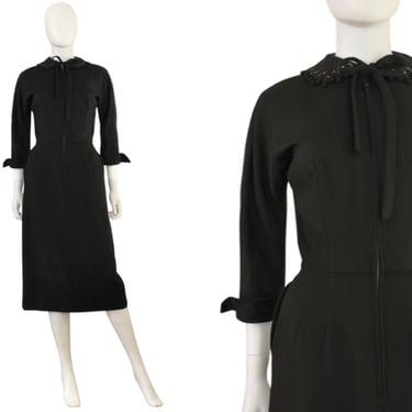 1950s Black Wool Wiggle Dress with Tassel Fringe Peter Pan Collar - 1950s Black Wiggle Dress - 1950s Black Wool Dress  | Size Extra Small 