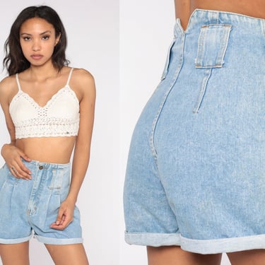 Pleated Denim Shorts 90s Light Wash Cuffed Jean Shorts Retro Sexy Blue High Waisted Short Shorts Festival Boho Pinup Vintage 1990s Small S 