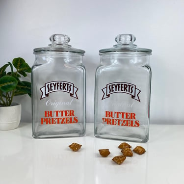 Seyfert's Original Butter Pretzel Jar set of 2, Store Display Jars, Huge Glass Canister Jars, 1930 - 1940 General Store Display, Pretzel Jar 