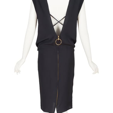 Gianfranco Ferré 1980s Vintage Black Silk V-Back Blouson Dress Sz XS 