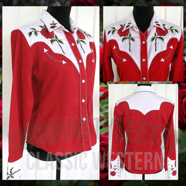Vintage Retro Western Women's Shirt by Classic Western, Rodeo Queen Blouse, Red & White with Boldly Embroidered Red Roses, Tag Size Medium 