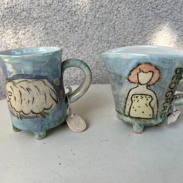 Vintage funky petite studio art pottery cups mugs set 2 with feet 