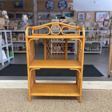 Free Shipping within continental US - 1970s Vintage Likely Rattan and Wicker Shelf with Diamond Lattice Sides and Circle Motif 