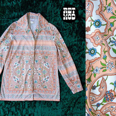 Lovely Art Nouveau Style Novelty Print in Peach, Vintage 70s Button Down Collared Shirt 