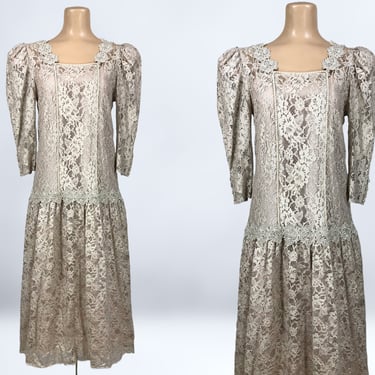 VINTAGE 80s does 20s Sheer Mocha Lace Romantic Drop Waist Dress by Cachet 9/10 | 1980s Flapper Dress | 1920s Gatsby Style Party Dress VFG 