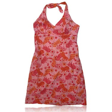 90s Lilly Pulitzer Halter Dress Tiger Floral Print  // Pink Sun Mini Dress // Size 10 by RadThingsVintage