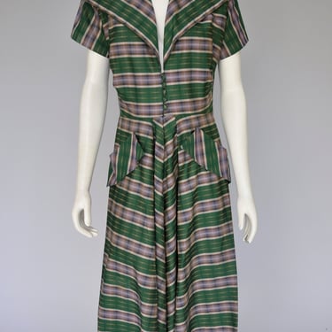 1940s green and purple plaid cotton dress M/L 
