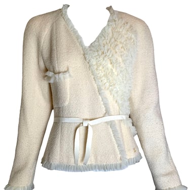 CHANEL 2002 Cruise/Resort Cream Tweed and Ruffle Tulle Jacket