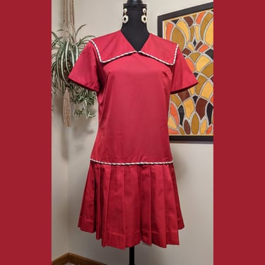 Vintage 1960s Garnet Red Stripe Trim Big Collar Cotton Twill Drop Waist Pleated Mini Dress 