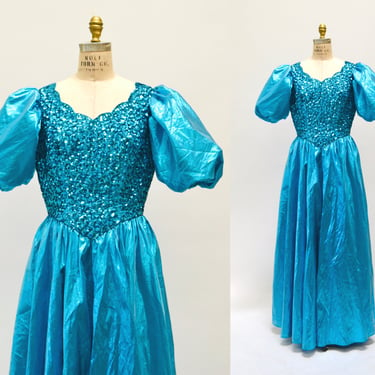 Vintage 80s Prom Sequin Dress Blue Metallic Ball Gown Medium Large // Vintage 80s Pageant Princess Dress Ball gown Party Dress Mike Benet 