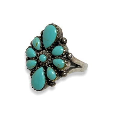 Vintage ZUNI Sterling Silver & Turquoise Cluster Ring ~ Needlepoint / Petit Point ~ Old Pawn / Antique ~ 