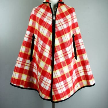 1960s 1970s Reversible Plaid Poncho - Red Plaid - Black Plaid - Preppy Poncho - Mod, Retro 