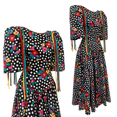 Vtg Vintage 1980s 80s Floral Polka Dot Puff Sleeve Tea Length Party Dress 