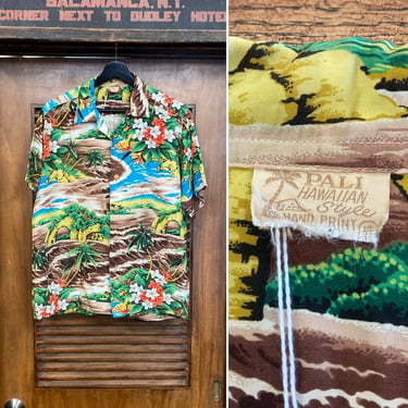 Vintage 1950’s “Pali” Label Tiki Tropical Palm Tree Rayon Hawaiian Shirt, Matching Pocket, 50’s Vintage Clothing 