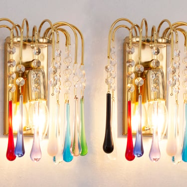 Set of 2 Rain wall sconce, cascade of crystals and drops in Murano glass multicolor, Made in Italy vintage style wall lamp 