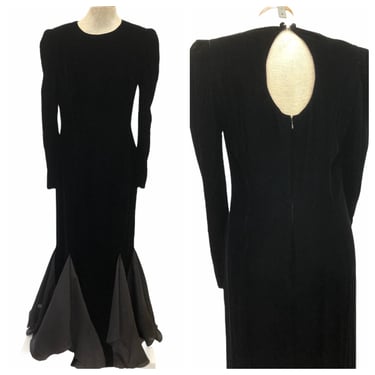 Vintage 1980s 1990s Black Velvet Carolina Herrera Designer Evening Gown 