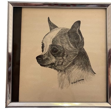 Vintage 1960s Mid Century Modern Chihuahua Dog  Signed Litho by Leslie 5”x5” 