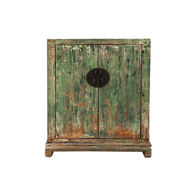 Distressed Teal Green Marks Moon Face Slim Credenza Side Cabinet ws4372E 